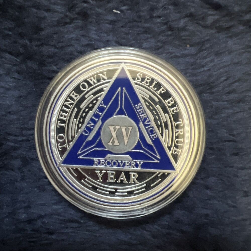 15 Year Sobriety Coin - Silver Roman Numeral NA AA Coins Recovery Chip